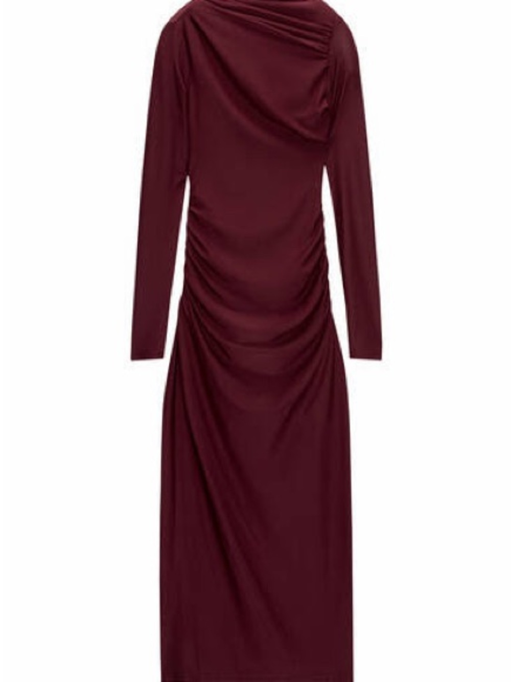 Pull&Bear Long Sleeve Ruched Midi Dress in Burgundy Wine
